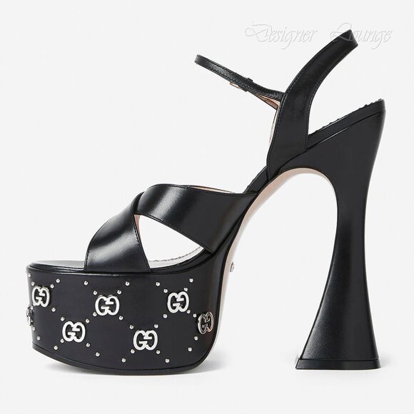 NEW GUCCI Janaya Interlocking G Studs Black Leather Platform Sandals 38.5 US 8.5 - Picture 7 of 15